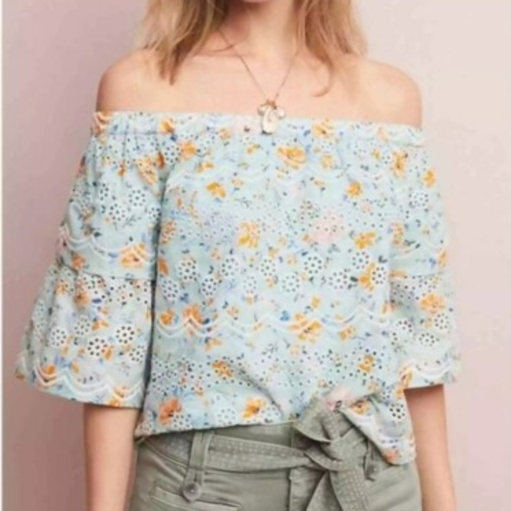 *Laia Anthropologie Seafoam Floral Eyelet Blouse Cotton Feminine Boho Top Small - Picture 9 of 9